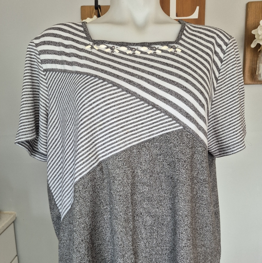 Alfred Dunner Beaded Striped Abstract Top